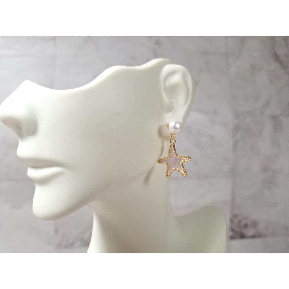 Mother of Pearl Starfish Stud Earrings, 14K Gold Plated  Pearl Cute White Rabbit - Picture 2 of 10